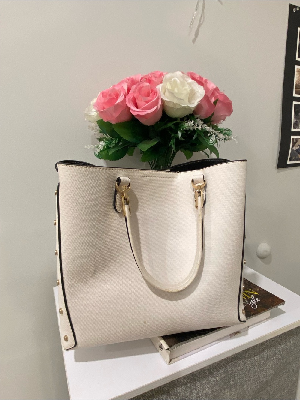 Elegant White Women's Tote Bag with Gold Hardware